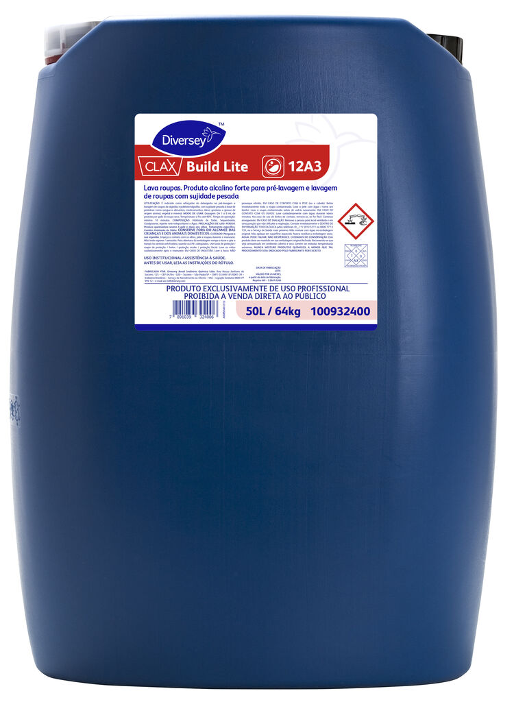 CLAX BUILD LITE 50L - LAVA ROUPAS. PRODUTO ALCALINO FORTE PARA PRÉ-LAVAGEM E LAVAGEM DE ROUPAS COM SUJIDADE PESADA